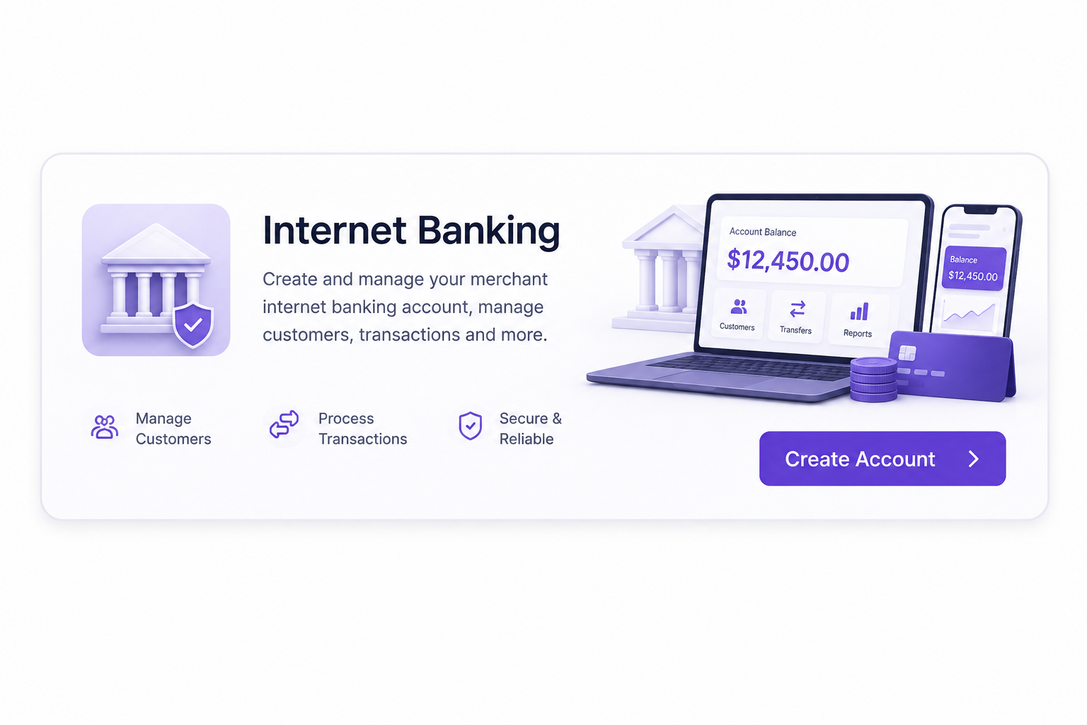Internet Banking - manage customers, process transactions, secure and reliable